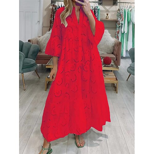 Maxikleid für Damen, weiß, Ösen, Puffärmel, Stufenrock, V-Ausschnitt, Frühling, Sommer, lässig, schick, Gartenparty, Urlaub, normale Passform Image