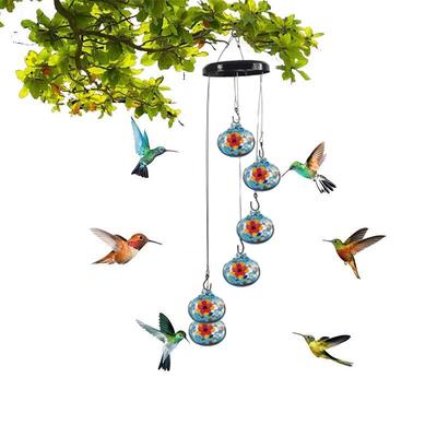 Wind Chime Hummingbird Feeder, Hand Blown Glass Hummingbird feeders for Outdoors Hanging, 6 Feeding Stations, Unique Garden Decor, Hummingbird Gifts