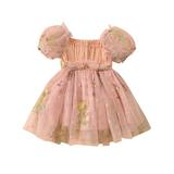 Biekopu Toddler Girls Dress Flower Embroidered Ruched Mesh Short Sleeve Baby Dress Summer Casual Princess Dres