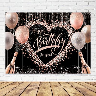 Rose Gold Happy Birthday Backdrop 84inch*60inch Feet Polyester Fabric Women Bday Party Glitter Balloons Champagne Rose Gold Confetti Dots Decoration Girls Photography Background Photo Shoot Props.