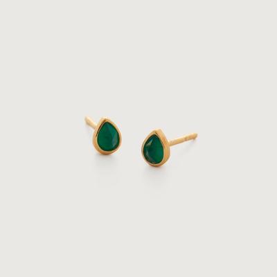 Gold Teardrop Gemstone Stud Earrings Green Onyx