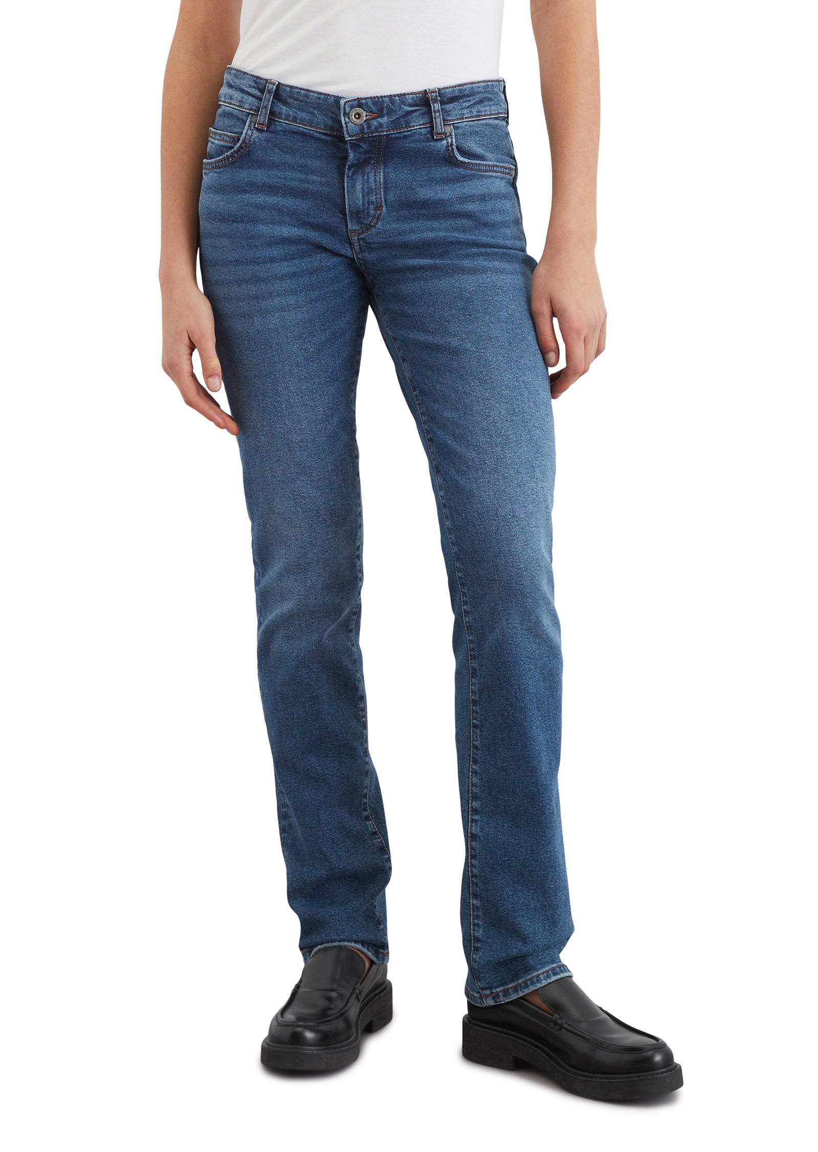 Regular-fit-Jeans MARC O'POLO "aus Bio-Baumwolle-Mix", Damen, Gr. 26, Länge 34, blau (salt and pepper mid blau wash), Obermaterial: 90% Baumwolle, 9% Polyester, 1% Elasthan, unifarben, regular fit normal, Jeans