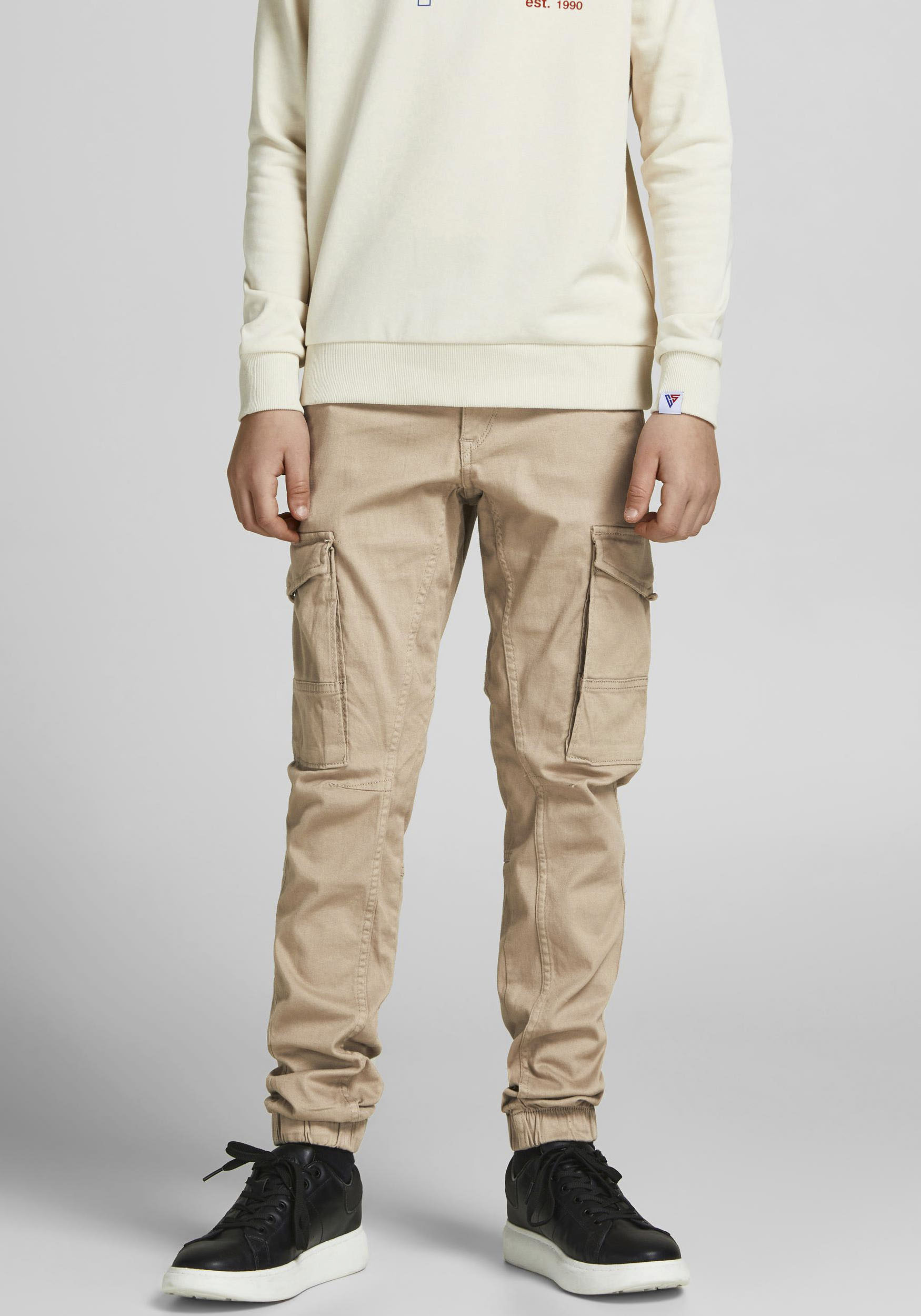 Cargohose JACK & JONES JUNIOR "JPSTPAUL JJFLAKE 1075 CROCKERY NOOS JNR", Jungen, Gr. 140, N-Gr, beige (crockery), Web, Obermaterial: 98% Baumwolle, 2% Elasthan, unifarben, slim fit normal, Hosen Image
