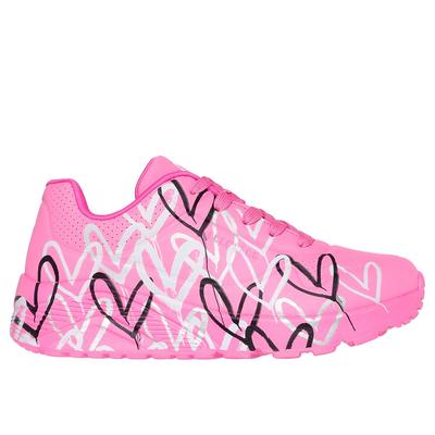Skechers Girl's x JGoldcrown: Uno Lite - Metallic Love Sneaker | Size 1.5 | Hot Pink | Synthetic | Machine Washable