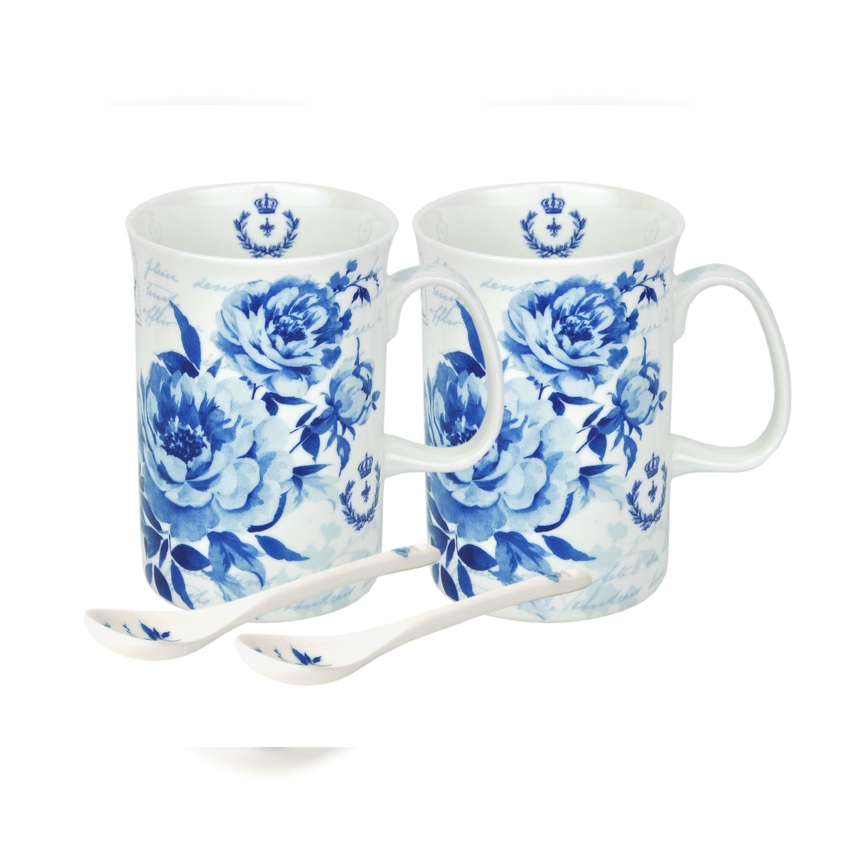 2 Teetassen + Löffel blau Rosen Dekor Tassen Teebecher Geschenk Porzellan Image