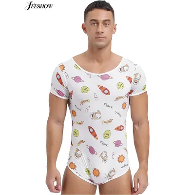 Herren-Pyjama-Body, Nachtwäsche, niedlicher Cartoon-Druck, kurzärmeliges Trikot, geknöpfter Schritt, Image