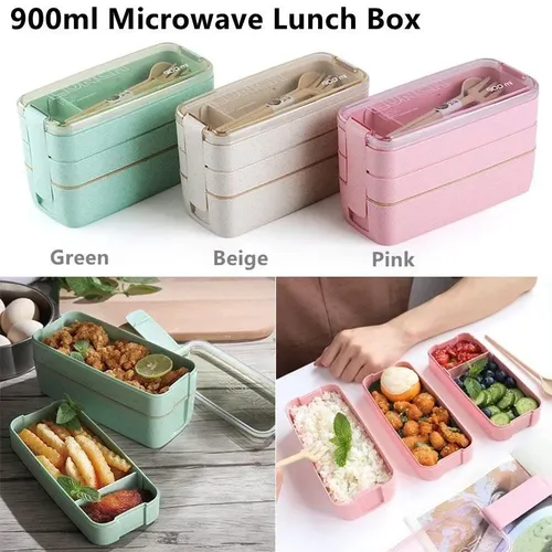 900ml Mikrowelle Lunchbox tragbare drei schicht ige Weizenstroh-Bento-Boxen
