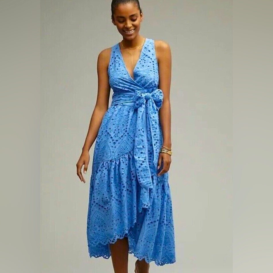 Anthropologie Dresses | Anthropologie Maeve Eyelet Wrap Midi Dress Blue Wedding Guest Summer Wedding 12 | Color: Blue | Size: 12