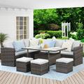 Lane Patio Furniture Set 7 Piece Outdoor Dining Sectional Sofa with Dining Table and Chair All Weather Wicker Conversation Set with Ottoman Ivory
