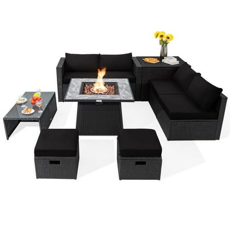 Canddidliike Patio Furniture Sets 9 Pieces Outdoor Wicker Sectional with 35 Inch Gas Fire Pit Table-Black Wicker Sofa Small Patio Conversation Couch for Garden Poolside