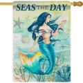 Seas The Day Spring Mermaid Nautical Large Decorative House Flag Coastal Shell Starfish Coral Conch Garden Outside Decor Summer Beach Tropical Outdoor Home Decoration Double Sided 28 X 40