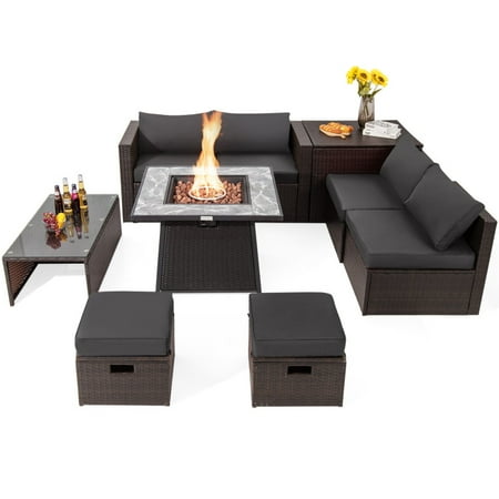 Canddidliike Patio Furniture Sets 9 Pieces Patio PE Wicker Sectional Set with 50000 BTU Fire Pit Table-Gray Wicker Sofa Small Patio Conversation Couch for Garden Poolside
