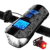 4-in-1 Rechargeable Bicycle LED Light with Speedometer Bell; Tail Light