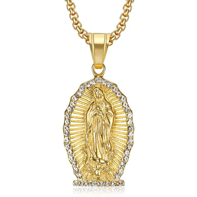 Hip Hop Iced Out Bling Jungfrau Maria Halsketten Anhänger Gold Farbe 316L Edelstahl Madonna Halskette Frauen Christian Schmuck