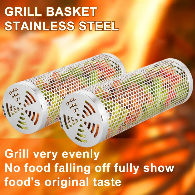 BBQ Korb Edelstahl Roll Grillen Korb Draht Mesh Zylinder Grill Barbecue Grill Net Outdoor Camping Grill Rack Neue Image