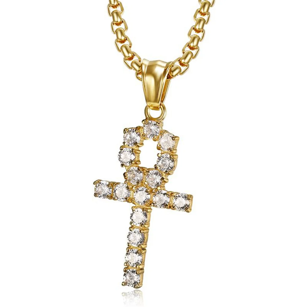 Ägypten vereist bling Ankh Kreuz Anhänger weibliche Goldfarbe Edelstahl kleine Amulett Halskette für Frauen ägyptischen Schmuck Geschenk Image
