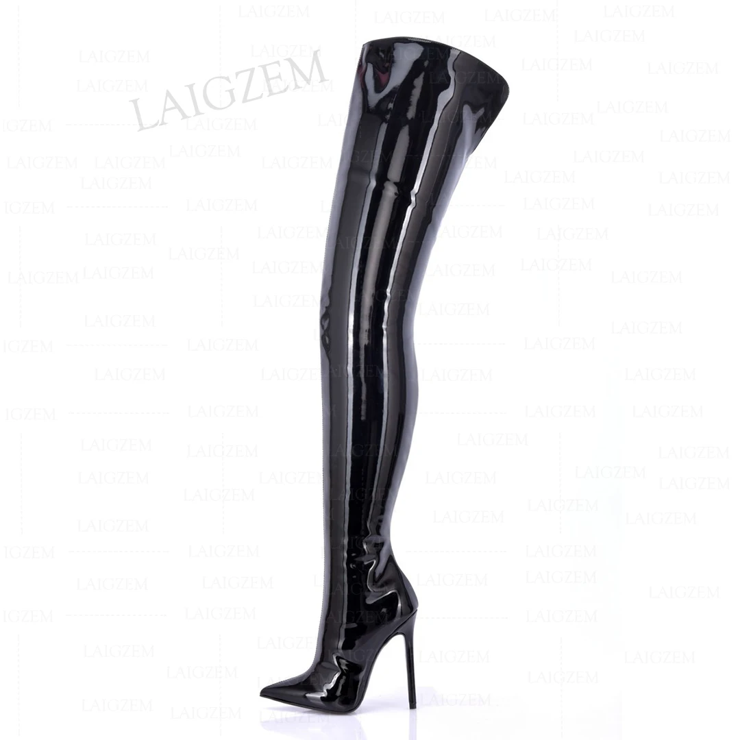 Zhima Frauen Schritt hohe Stiefel glänzende Seite Reiß verschluss spitzen Zehen High Heels Stiefel Oberschenkel hohe Damenschuhe Frau große Größe 41 43 45 47