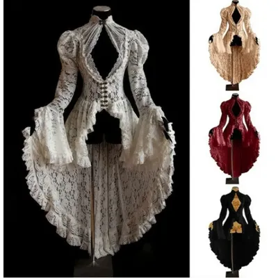 Vintage Halloween Medieval Renaissance Cosplay Kostüme Kleid Frauen Gothic Spitze Verband Schwarz Image