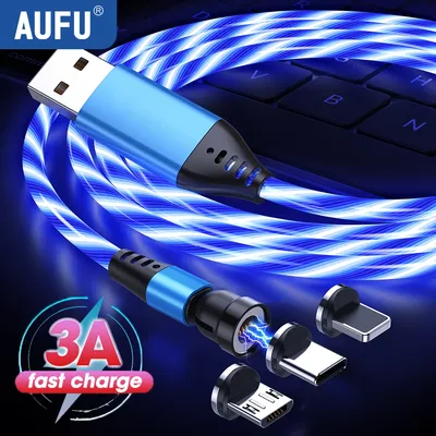 AUFU 3A LED Magnetic USB Cable 540 Rotate Fast Charge Micro USB Type C Cable For Xiaomi Poco Magnet