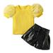 Toddler Girls Outfits Kids Baby Tulle Puff Sleeve Ribbed T Shirt Tops Pu Leather Lacing Shorts 2Pcs Set Girls Clothing Size 3-4T