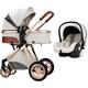 Pram Stroller Baby Carriage for 0-36 Months Baby Strollers Set 3 in 1 Foldable Travel System Doll Stroller Pram Shock Absorption Springs Pram with Footmuff A,Aluminum Alloy