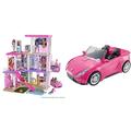 Barbie GRG93 - Traumvilla, dreistöckiges Puppenhaus (114 cm), Spielzeug ab 3 Jahren & DVX59 - Cabrio Fahrzeug, in pink, mit Platz für 2 Puppen, Puppen Zubehör, Spielzeug ab 3 Jahren