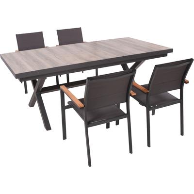 Garten-Essgruppe GARDEN PLEASURE "Tischgruppe »RANA/DAVINA Set 01«", grau (dunkelgrau, grau), FSC-zertifizierter Holzwerkstoff, Kunststoff, Aluminium, Sitzmöbel-Sets, 4 Stühle (stapelbar), Tisch LxB: 202x100 cm Image