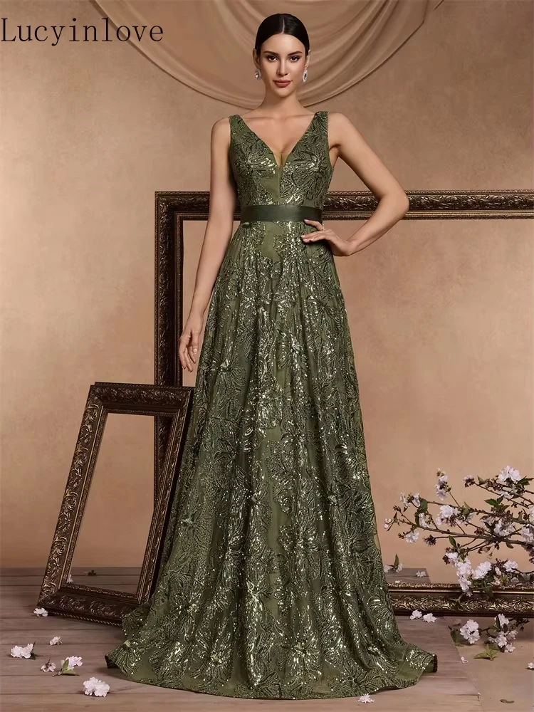Lucyinlove Luxuriöses, sexy Abendkleid mit tiefem V-Ausschnitt und Pailletten in Grün für Damen, elegantes V-Rücken-Hochzeitskleid, langes Cocktailkleid für Abschlussball und Party