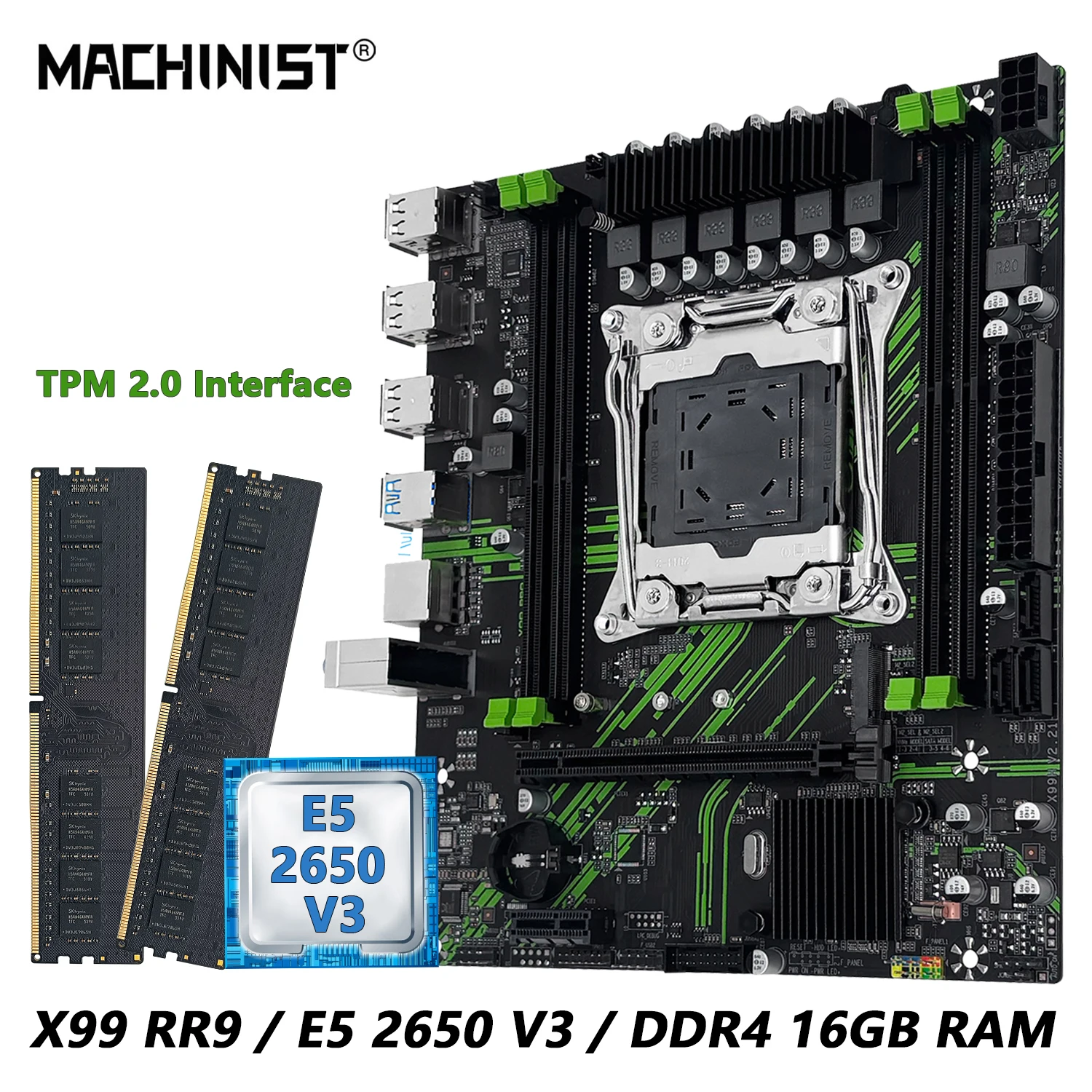MACHINIST X99 PR9 Motherboard-Kit mit TPM2.0-Anschluss, LGA 2011-3, optionaler Intel Xeon E5 2650 V3 CPU und DDR4 16GB RAM Combo, USB 3.0 Image