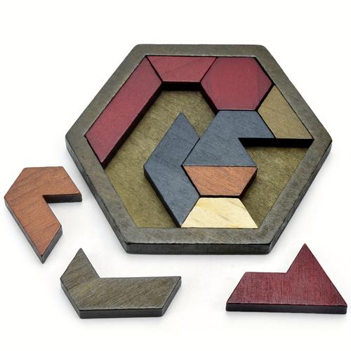 Hexagon Tangram Puzzle, Wooden Puzzle Toys, Challenging Puzzles Wooden Brain Teasers Puzzle For Adults Puzzles Games, Family Portable Puzzles Brain Games, Halloween, Christmas, Thanksgiving Day Gift