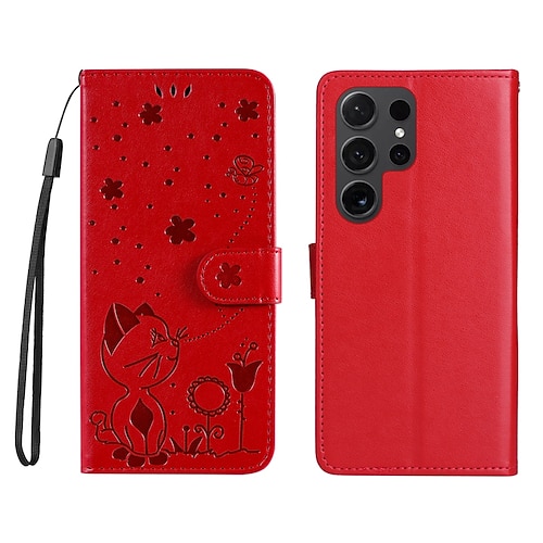 Handy Hülle Handyhüllen Für Samsung Galaxy S25 S24 S23 S23 FE S22 S21 Ultra Plus A55 5G A35 5G A25 A15 Brieftaschenhülle Magnetisch Vollschutz Mit Handgelenkschlaufe Katze Biene TPU PU-Leder Image