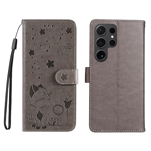 Handy Hülle Handyhüllen Für Samsung Galaxy S26 Ultra Plus S25 S24 S23 S22 S23 FE S21 Ultra Plus S20 A55 5G A35 5G Brieftaschenhülle Magnetisch Vollschutz Mit Handgelenkschlaufe Katze Biene TPU Image