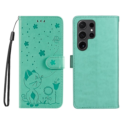 Handy Hülle Handyhüllen Für Samsung Galaxy S25 S24 S23 S23 FE S22 S21 Ultra Plus A55 5G A35 5G A25 A15 Brieftaschenhülle Magnetisch Vollschutz Mit Handgelenkschlaufe Katze Biene TPU PU-Leder Image