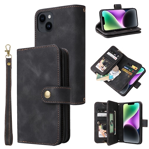 Handy Hülle Handyhüllen Für iPhone 15 14 Pro Max Plus 13 12 11 Pro Max Mini Brieftaschenhülle Reisverschluss Vollschutz Mit Handgelenkschlaufe Retro TPU PU-Leder Image