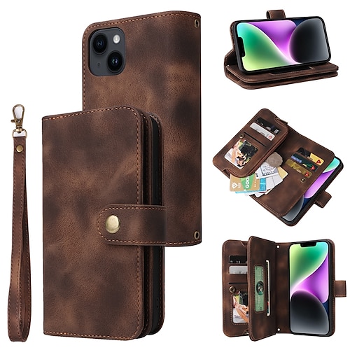 Handy Hülle Handyhüllen Für iPhone 15 14 Pro Max Plus 13 12 11 Pro Max Mini Brieftaschenhülle Reisverschluss Vollschutz Mit Handgelenkschlaufe Retro TPU PU-Leder Image
