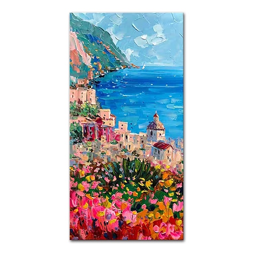 Mintura handgefertigte Stadtlandschafts-Ölgemälde auf Leinwand, Wandkunst, Dekoration, modernes abstraktes Seelandschaftsbild für Wohnkultur, gerolltes, rahmenloses, ungedehntes Gemälde Image