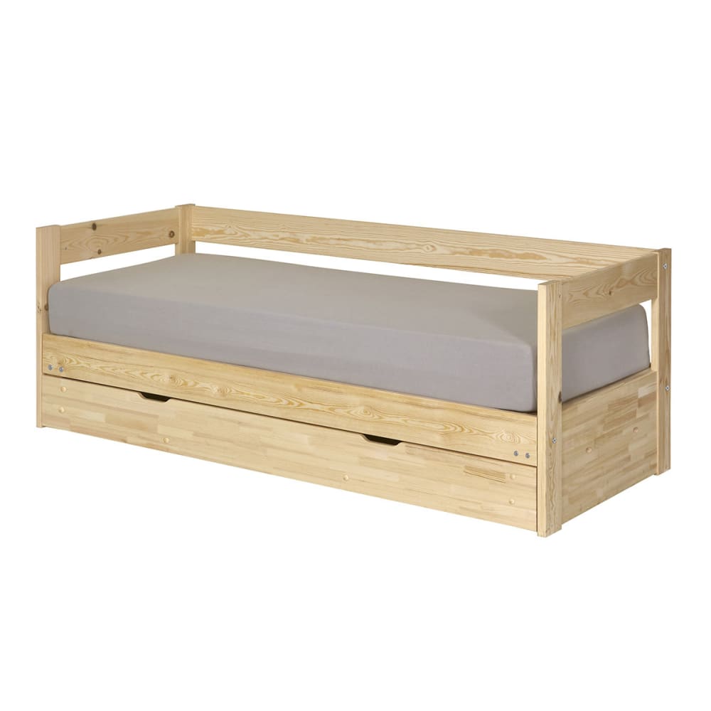 Pack lit banquette gigogne avec tiroir, matelas bois massif 80x200 cm