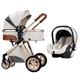 Baby Stroller for Newborn, 3 in 1 Baby Carriage Stroller Upgraded Infant Single Bassinet Seat Toddler Pram Stroller Luxury Pushchair with Rain Cover, Footmuff, Mosquito Net (Color : Pink) (Beige