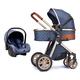 2 in 1 High Landscape Pushchair Stroller with Diaper Bag Convertible Reversible Bassinet Pram,Travel Stroller with Oversized Canopy,for 0-3 Years Boys Girls (Color : Khaki) (Blue)
