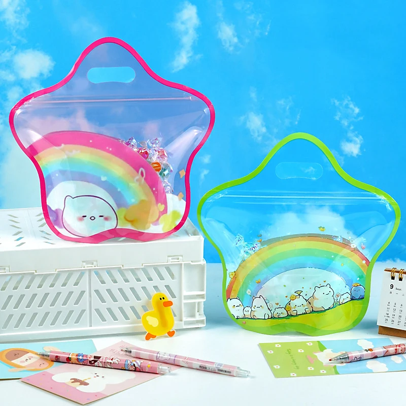 50 Stück sternförmige Verpackungsbeutel mit Cartoon-Druck-Design, tragbare Kosmetik, Süßigkeiten, kleine Gegenstände, Aufbewahrung, Geburtstagsgeschenk, Verpackungsbeutel Image
