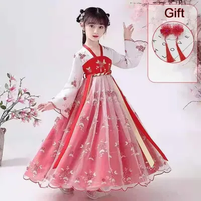 New Hanfu Girls Spring Autumn Child Costume Dress Flower Girl Cherry Blossom Tang Princess Dress
