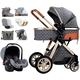 Stroller 3 in 1 Baby Stroller Carriage for Newborn, Baby Stroller Upgraded Infant Single Bassinet Seat Toddler Pram Stroller Luxury Pushchair with Rain Cover, Footmuff, Mosquito Net (Color :