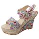 Wedge Sandals for Women Dressy, Bohemian Floral Print Cute Bow-Knot Lace-up Platform Wedge Sandals Summer Dress Open Toe Beach Sandals Comfortable Walking Party Wedding Sandals, blue, 4 UK