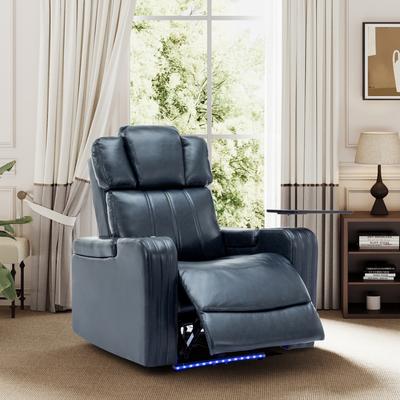 Leather Electric Home Theater Recliner with Cooled Cup Holders, Bluetooth, LED Lights, Charging, Tray, Armrest Storage