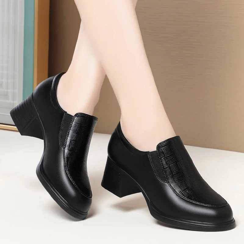 4 cm 5 cm Vintage Med Block Heels Weiche Leder Schuhe Frauen Müßiggänger 2025 Frühling Atmungsaktive Schwarz Plattform Schuhe für Büro Mama