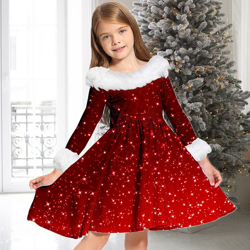 Kids Girls' Dress Gradient Long Sleeve Christmas Gifts Casual Fur Trim Crewneck Elegant Adorable Polyester Above Knee Casual Dress Swing Dress A Line Dress Fall Winter 3-10 Years Pink Wine Red
