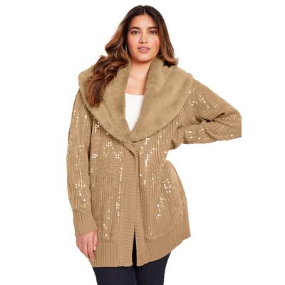 Plus Size Women's Sequin Button-Up Sweater by June+Vie in Soft Camel (Size 30/32)