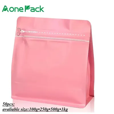 50pcs Custom Frosted Flat Bottom Food Grade Matt Pink Coffee Cookie Spice Powder Packaging Zipper