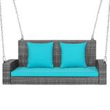 Kadyn Porch Swing Outdoor 4 Person Wicker Hanging Bench Lounger 2-Person Patio PE Wicker Hanging Porch Swing Bench Chair Cushion 800 Pounds-Turquoise