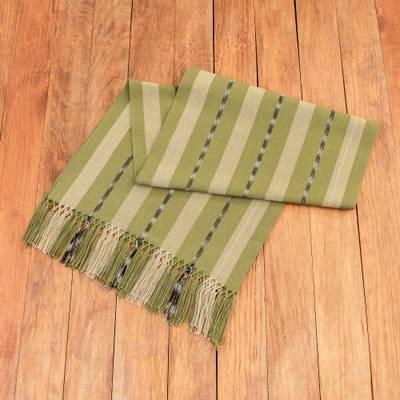 Olive Ways to Delight,'Handloomed Striped Olive Cotton Fringed Table Runner'